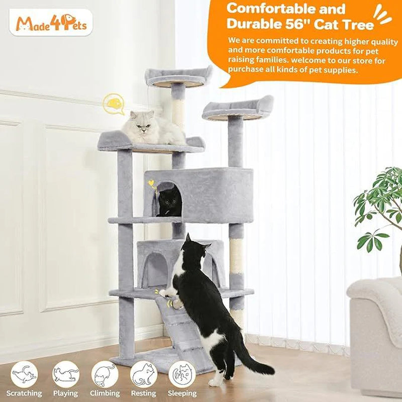 Made4Pets 56-Inch Pet Cat Tree for Indoor Cats Multi-Level Cat Tree with 2 Apartments Cat Activity Center with Scratching Posts and Toys Light Gray
