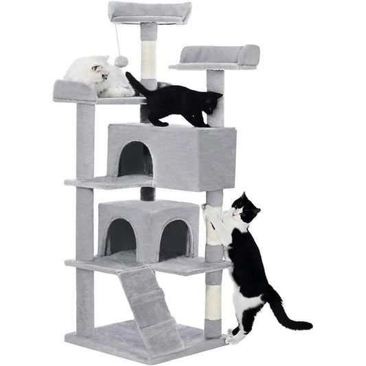 Made4Pets 56-Inch Pet Cat Tree for Indoor Cats Multi-Level Cat Tree with 2 Apartments Cat Activity Center with Scratching Posts and Toys Light Gray