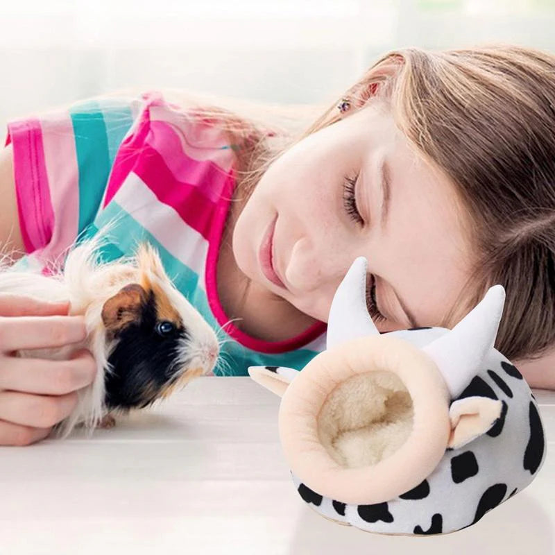 Warm Cave Bed Cow Shape House for Pet Cave Bed Cozy Cage Hideout House Beds for Guinea Pig Chinchilla Hamster Hedgehog