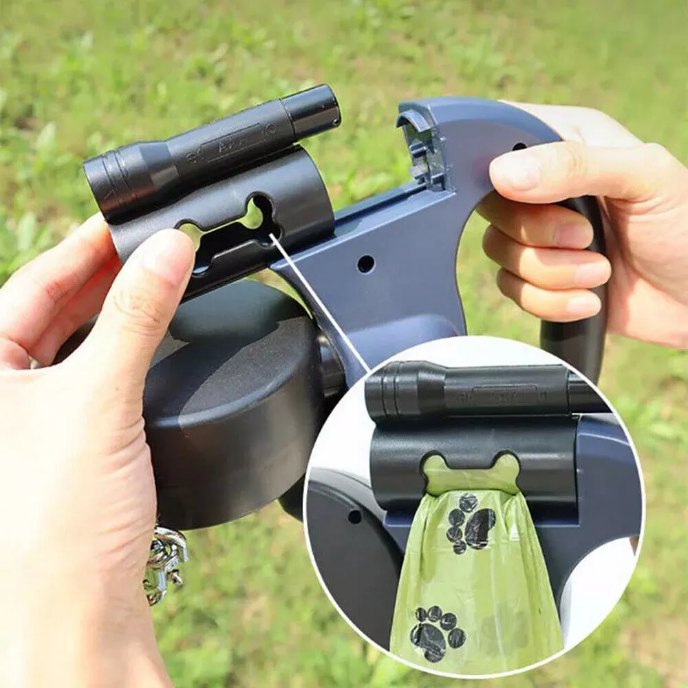 360 Swivel Dual Pet Leash with Retractable Reflective Lead, Built-In Light and Waste Bag Holder