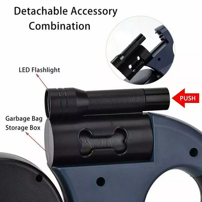 360 Swivel Dual Pet Leash with Retractable Reflective Lead, Built-In Light and Waste Bag Holder