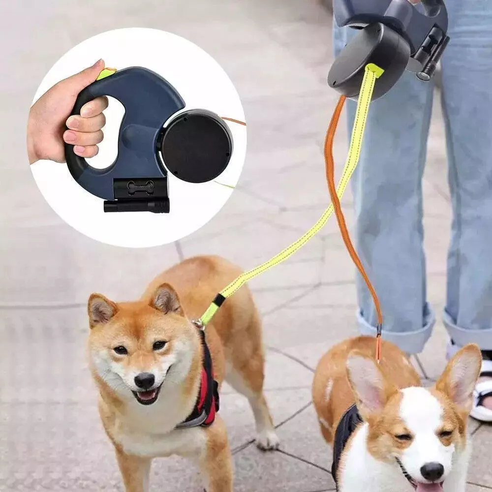 360 Swivel Dual Pet Leash with Retractable Reflective Lead, Built-In Light and Waste Bag Holder