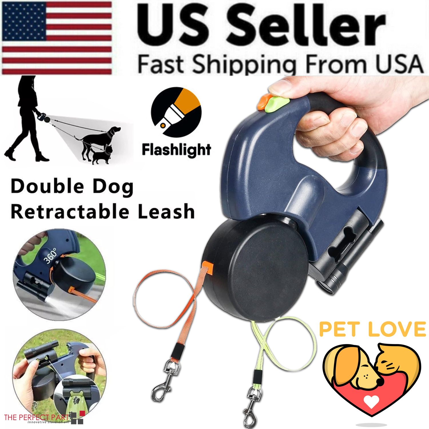 360 Swivel Dual Pet Leash with Retractable Reflective Lead, Built-In Light and Waste Bag Holder