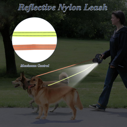 360 Swivel Dual Pet Leash with Retractable Reflective Lead, Built-In Light and Waste Bag Holder