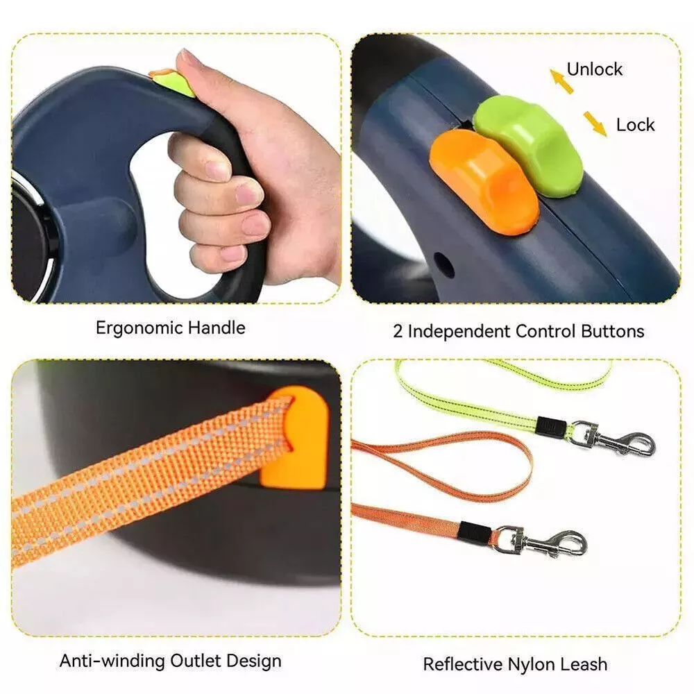 360 Swivel Dual Pet Leash with Retractable Reflective Lead, Built-In Light and Waste Bag Holder