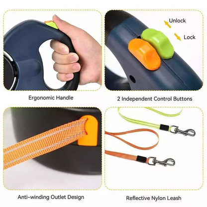 360 Swivel Dual Pet Leash with Retractable Reflective Lead, Built-In Light and Waste Bag Holder