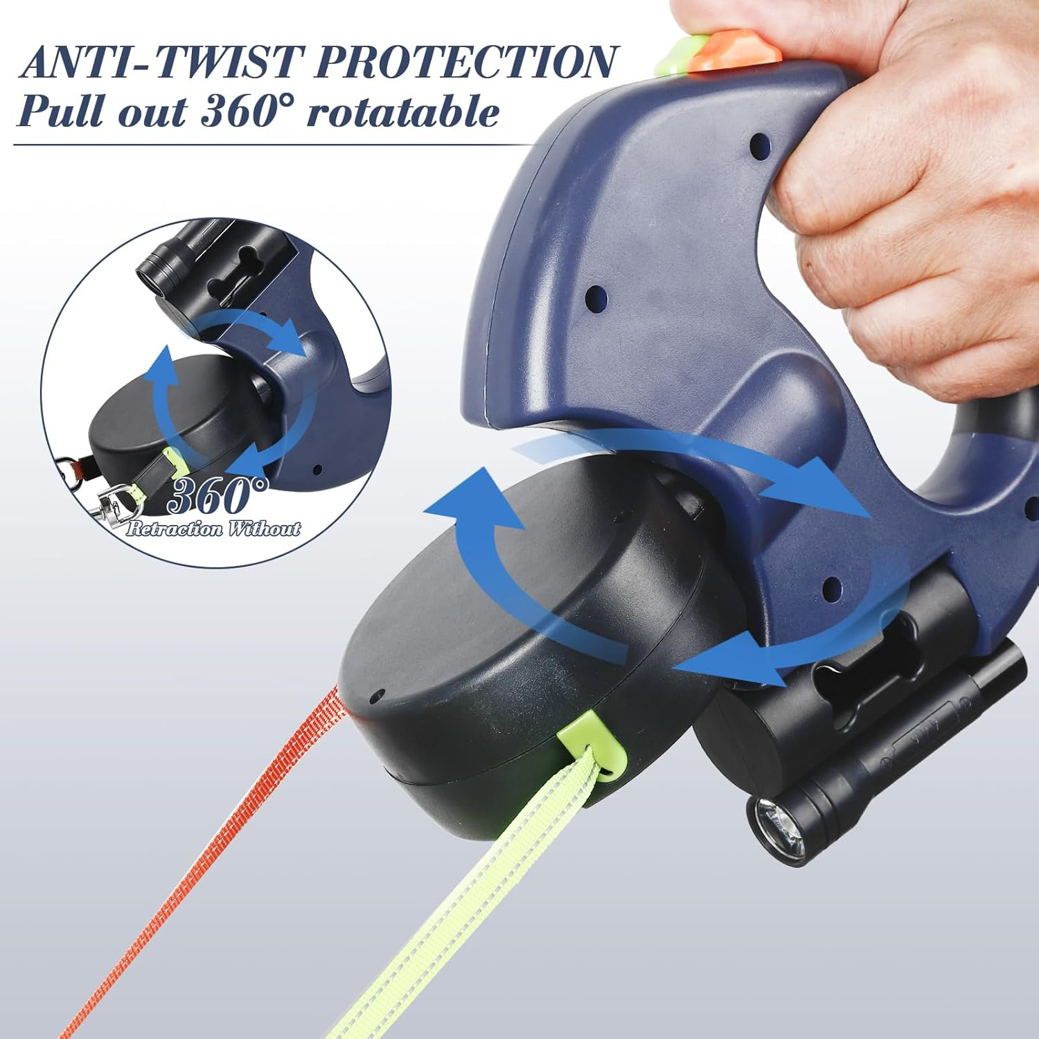 360 Swivel Dual Pet Leash with Retractable Reflective Lead, Built-In Light and Waste Bag Holder