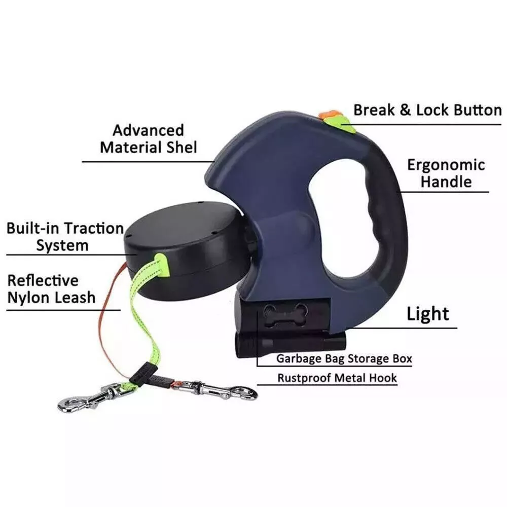 360 Swivel Dual Pet Leash with Retractable Reflective Lead, Built-In Light and Waste Bag Holder