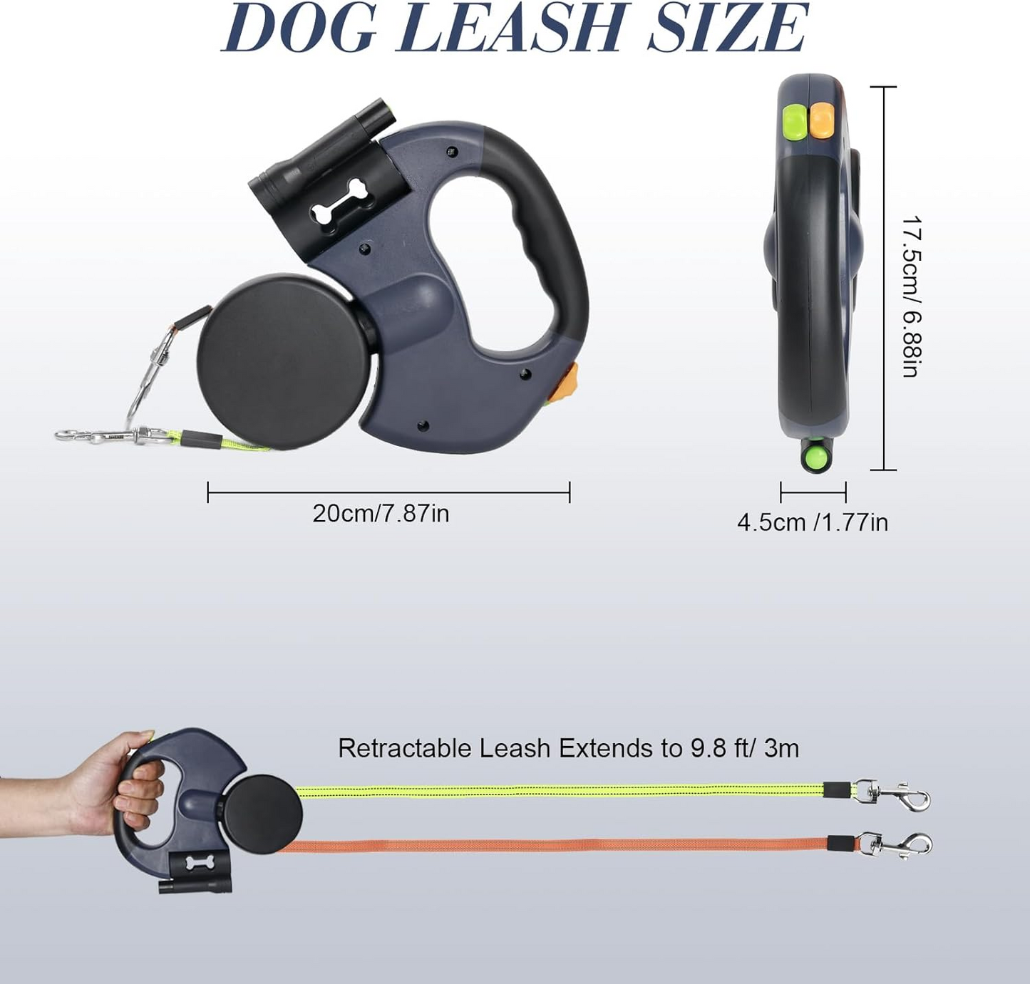 360 Swivel Dual Pet Leash with Retractable Reflective Lead, Built-In Light and Waste Bag Holder
