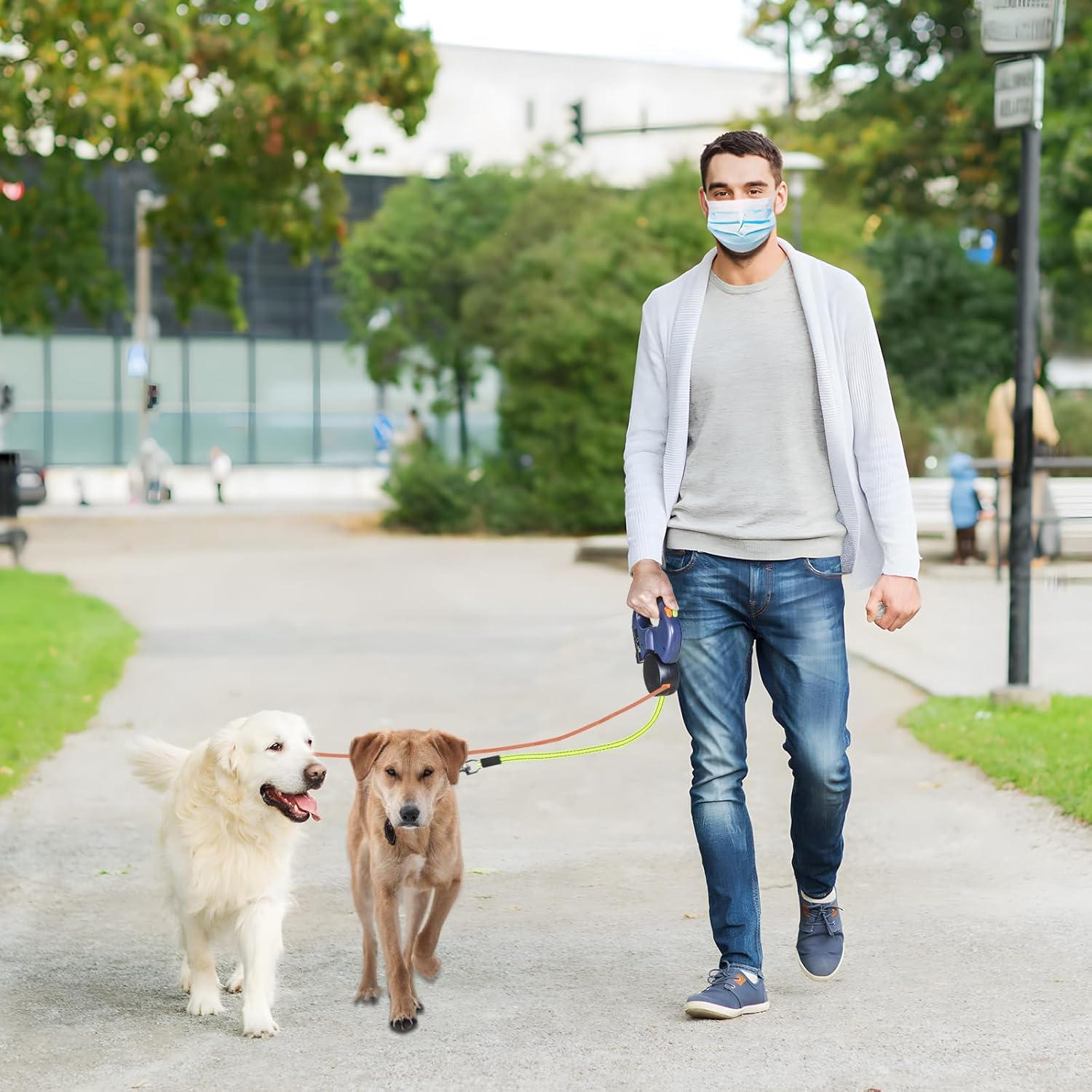 360 Swivel Dual Pet Leash with Retractable Reflective Lead, Built-In Light and Waste Bag Holder