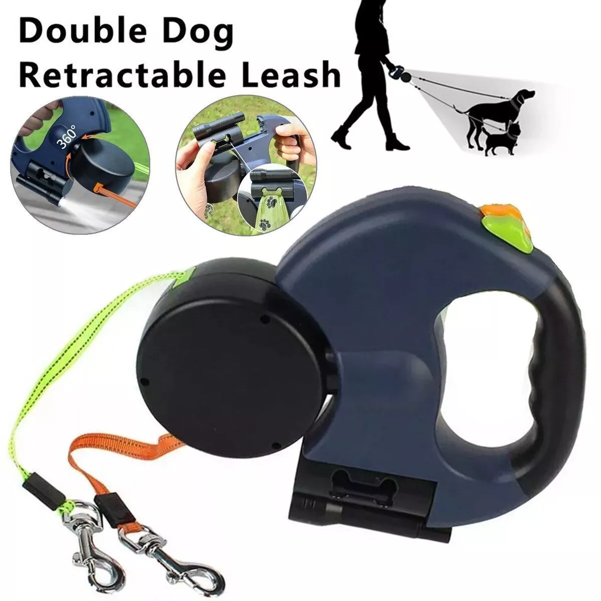 360 Swivel Dual Pet Leash with Retractable Reflective Lead, Built-In Light and Waste Bag Holder