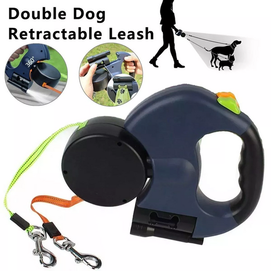 360 Swivel Dual Pet Leash with Retractable Reflective Lead, Built-In Light and Waste Bag Holder