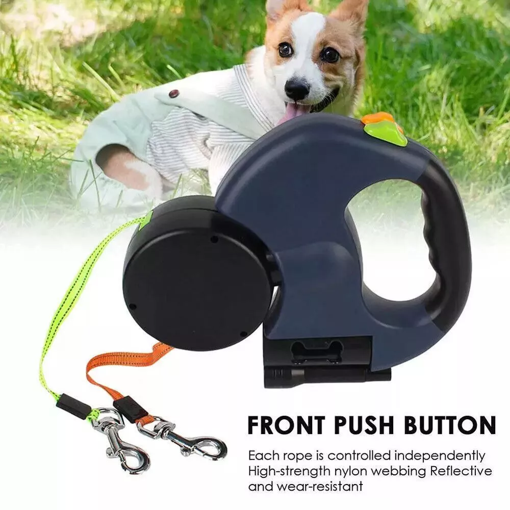 360 Swivel Dual Pet Leash with Retractable Reflective Lead, Built-In Light and Waste Bag Holder