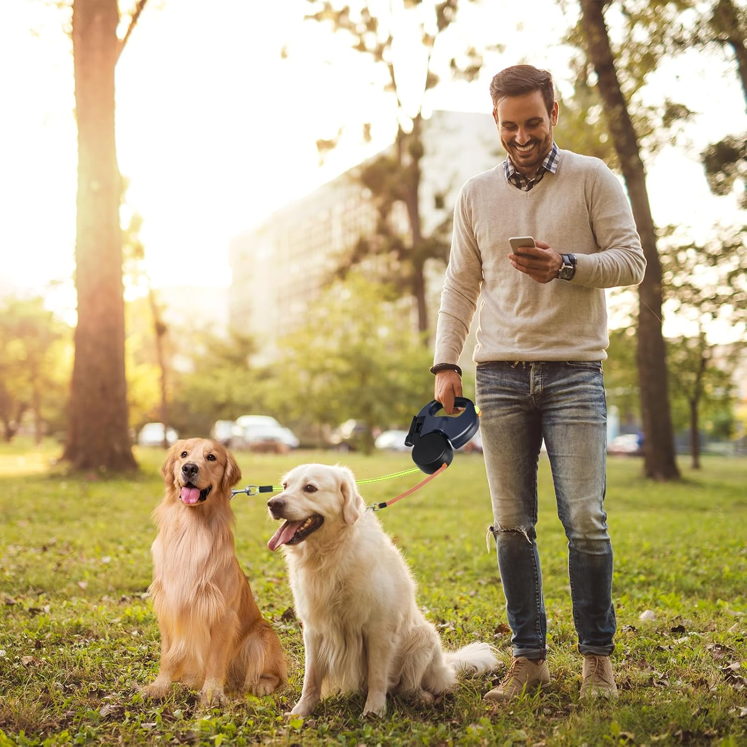 360 Swivel Dual Pet Leash with Retractable Reflective Lead, Built-In Light and Waste Bag Holder
