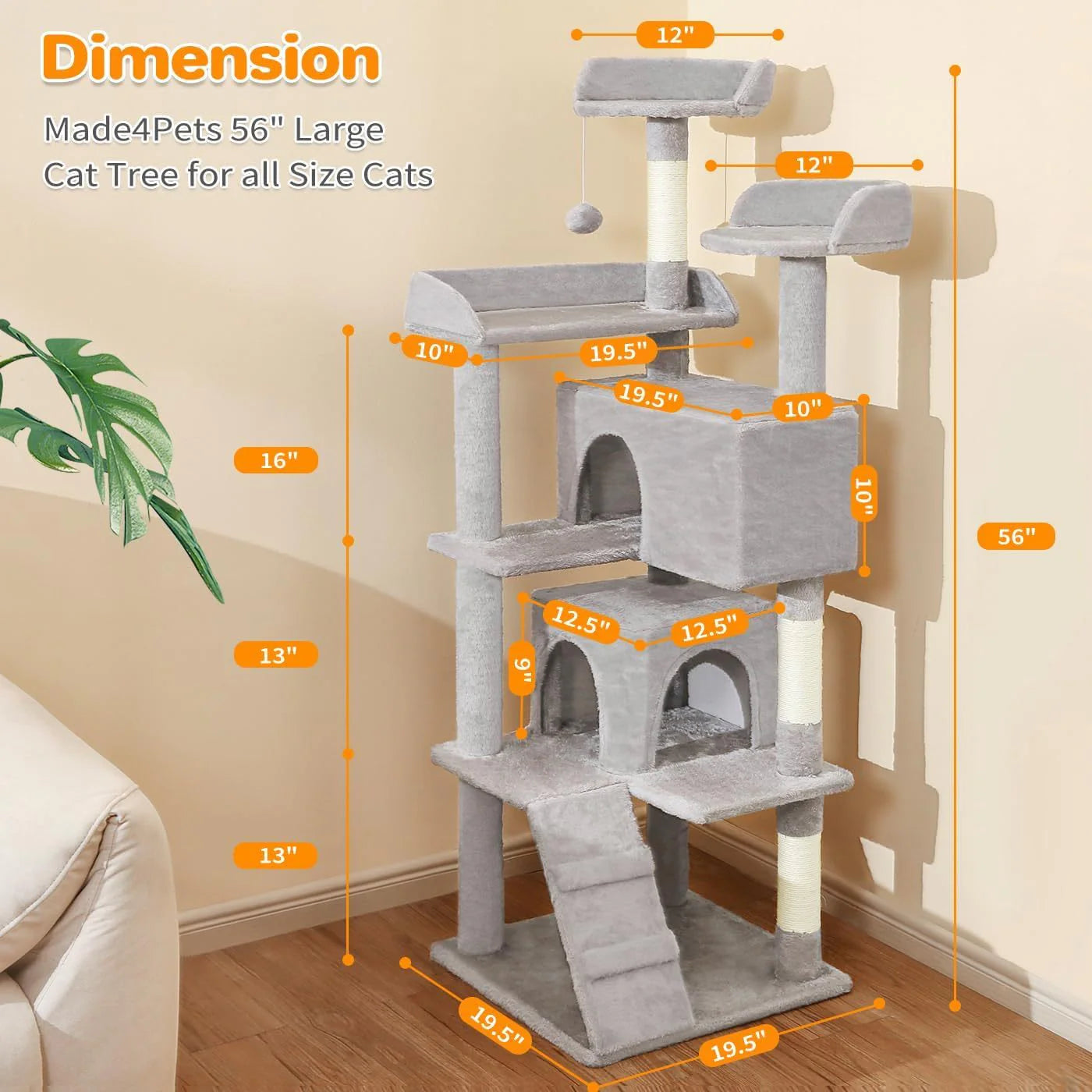 Made4Pets 56-Inch Pet Cat Tree for Indoor Cats Multi-Level Cat Tree with 2 Apartments Cat Activity Center with Scratching Posts and Toys Light Gray